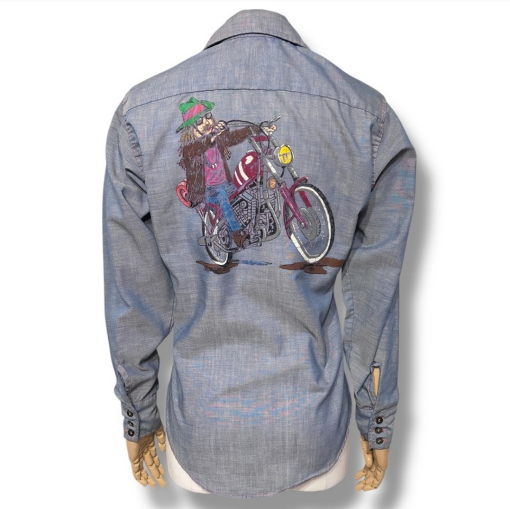 RIVERSIDE Blue Button Front Shirt Contrast Stitching Hand Painted VINTAGE
